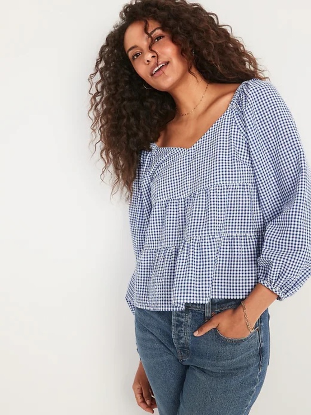 Old Navy Blue Gingham Tiered Seersucker Long-Sleeve Swing Top Summer